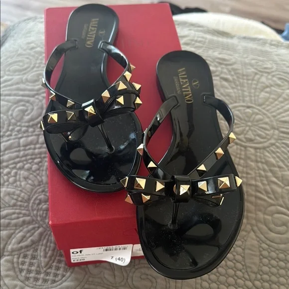 Valentino Black and Gold Studded Sandals - Picture 1 of 8